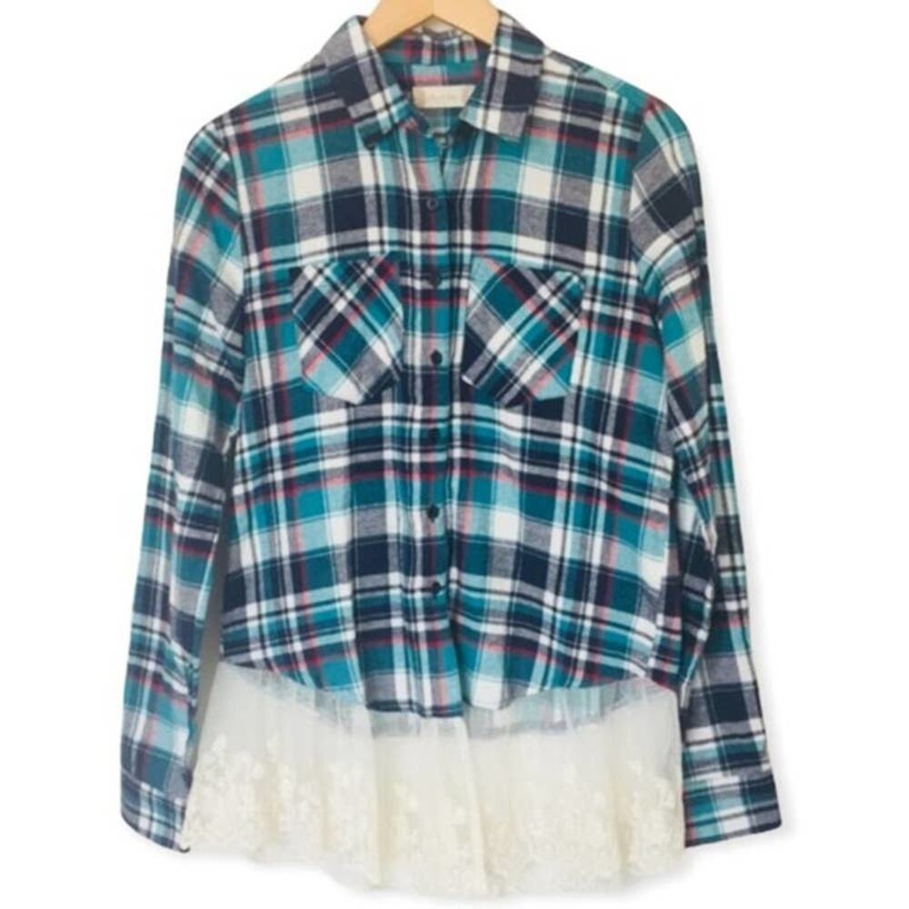 ALTAR'D STATE Flannel Green Plaid Button Tunic Shirt SMALL Lace Long Sleeve
